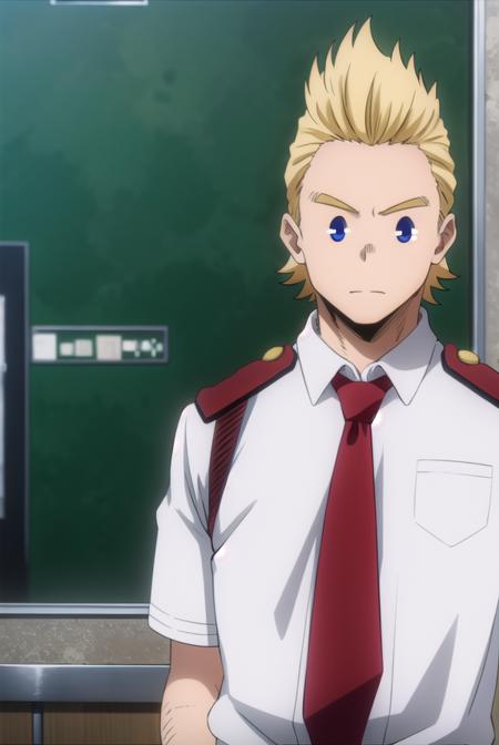 mirio, <lora:mirio-lora-nochekaiser:1>,
mirio, short hair, blonde hair, spiked hair,
BREAK shirt, school uniform, white shirt, necktie, collared shirt, belt, pants, red necktie, green pants, u.a. school uniform,
BREAK looking at viewer, upper body,
BREAK indoors, classroom,
BREAK <lyco:GoodHands-beta2:1>, (masterpiece:1.2), best quality, high resolution, unity 8k wallpaper, (illustration:0.8), (beautiful detailed eyes:1.6), extremely detailed face, perfect lighting, extremely detailed CG, (perfect hands, perfect anatomy),