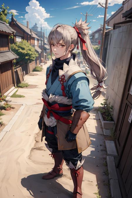 highest quality, masterpiece, detailed background, dirt street, japanese architecture, sky, cloud, 1boy, solo, standing, from above, looking at viewer, <lora:TakumiFEF:0.8> defTakumi, ponytail, long hair, gloves, armor