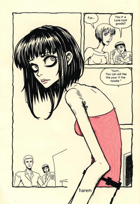 noodle girl from gorillaz  comic strip in panels, aged pages, crude drawing,  text: "harem"