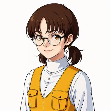 masterpiece,high quality,white background,solo,
<lora:millychilder003:0.5>,looking at viewer,smile,
millychilder,1woman,
short hair,short twintails,low twintails,brown hair,parted bangs,brown eyes,glasses,round eyewear,freckles,
uniform,white shirt,turtleneck,yellow vest,pocket,arms at sides,long sleeves,sleeves rolled up,
close-up,