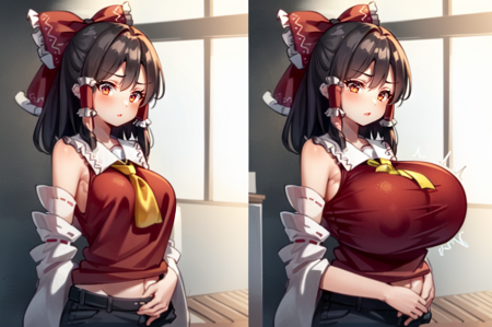 masterpiece, best quality,1girl, hakurei reimu, red eyes, brown eyes, short hair, medium hair, long hair, sidelocks, brown hair, black hair,  <lora:breast_expansion-2:0.7>, large breasts, (breast expansion:1.3), multiple views,  red shirt,(nude:-1.2)