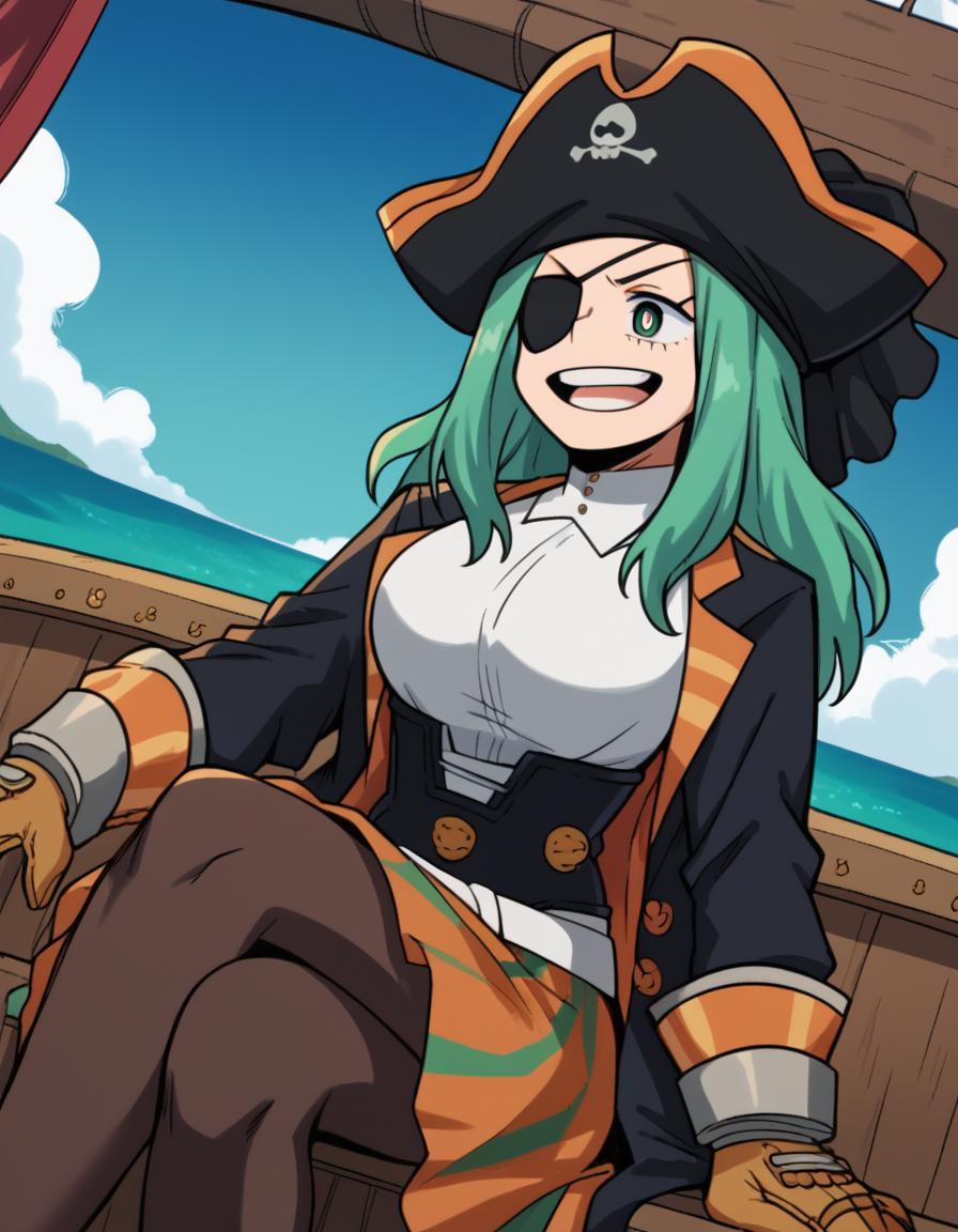 score_9, score_8_up, score_7_up, source_anime, <lora:emi-fukukado-s3-ponyxl-lora-nochekaiser:1>, emi fukukado, long hair, green eyes, bright pupils, green hair, large breasts,, <lora:pirate-costume-ponyxl-lora-nochekaiser:1>, pirate costume, pirate hat, skirt, gloves, jacket, shirt, eyepatch,, blue sky, sea, ocean, pirate ship, treasure, gold, smug, open mouth, from below, sitting,, , dutch angle, cowboy shot