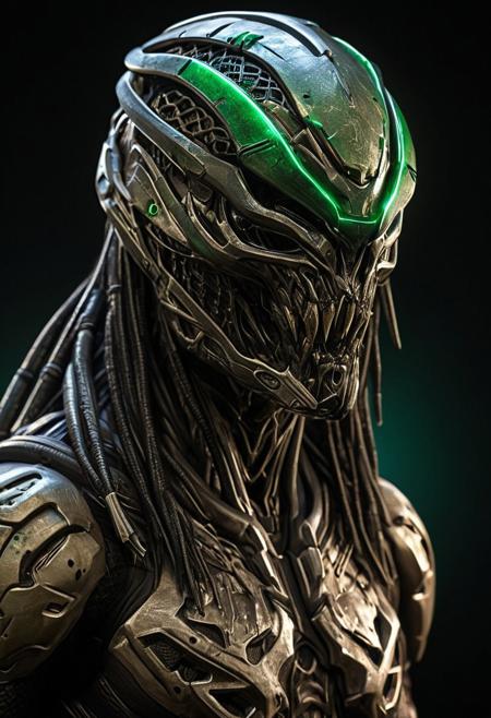 syntheticbreed, wearing yautja armor and full body net bodysuit, Close-up Yautja Predator helmet, hyper-detailed design, layered nano-fiber visor with adaptive HUD, weathered plasma-forged Damascus alloy, glowing green bioluminescent bacterial veins, vocal synthesizer grille emitting subsonic pulses, acid-dripping filtration vents, EMP-resistant crystalline prismatic visor. Cyber-tribal aesthetic, Predator franchise realism, macro photography, cinematic rim lighting, hyper-realistic textures, dark neon atmosphere, 8K Unreal Engine rendering.