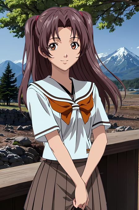 (exceptional, best aesthetic, best quality, extremely detailed), 1girl, solo, fujisakiakari, smile, looking_at_viewer, white_serafuku, brown_skirt, mountainous_horizon, forest