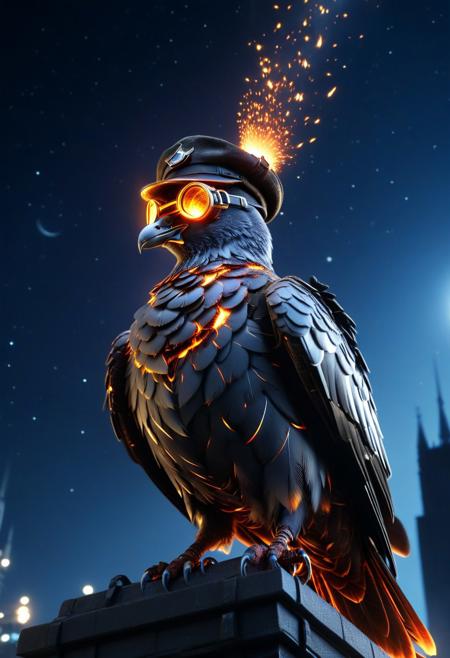 HavvoricFireDarkstyle, closeup Burning mecha pigeon, wear round goggles, wear hat, from side, from below, in city street, night, moon, Starry sky, cinematic, cinematic lighting, (masterpiece, best quality:1.4), ultra-high res, 4k, insanely detailed, sfw,