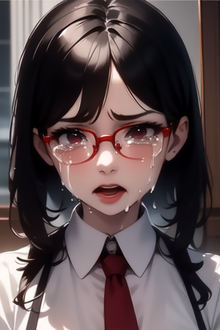 elisabeth, red glasses, red eyes, cross on chest