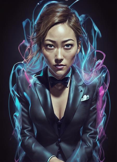 portrait of sks woman in tuxedo, (perfect eyes), energetic and colorful streams of light (photo, studio lighting, hard light, sony a7, 50 mm, matte skin, pores, concept art, colors, hyperdetailed), with professional color grading, soft shadows, bright colors, daylight, <lora:locon_karenfukuhara_v1_from_v1_64_32:1.25>