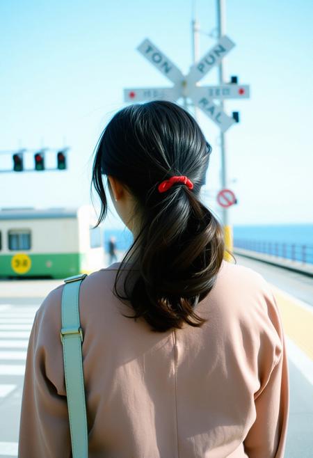 Japanese Culture Style, Emotional Photos, 35mm film, soft focus, Back view of a young Japanese woman waiting at a train crossing, blue sky, Seaside,