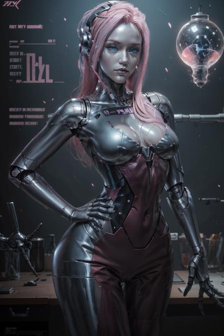 LizzyCyber, 1girl, solo, hand on hip, blue eyes, android, pink hair, breasts, robot, hand on own chest, parted lips, medium breasts, colored skin, grey skin, science fiction, gloves, long hair, looking at viewer
masterpiece, best quality,
<lora:epi_noiseoffset2:1>,  <lora:LizzyCyber:0.7>