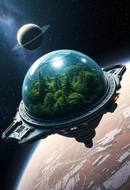 Digital artwork featuring a dynamic and futuristic scene. A huge glass geodesic dome is mounted on top of a gigantic spaceship  as it orbits a distant planet, within the dome, huge, lush forests can be seen growing. Set against a spectacular backdrop of stars and galaxies