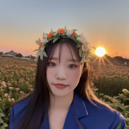 hayoung, a woman, cowboy shot, 1girl, (looking at viewer:1.3), (schoolgirl jacket), (flower crown), (sunset background), natural skin color, (closed mouth:1.2), (big breast), floating hair, beautiful expression, face detailed, masterpiece, best quality, photorealistic, hyper realistic, ultra detailed, perfect lighting, depth of field, shadows, highres, (slight smile:0.8), <lora:sayhello0o-songhayoungsayang-1:0.98>