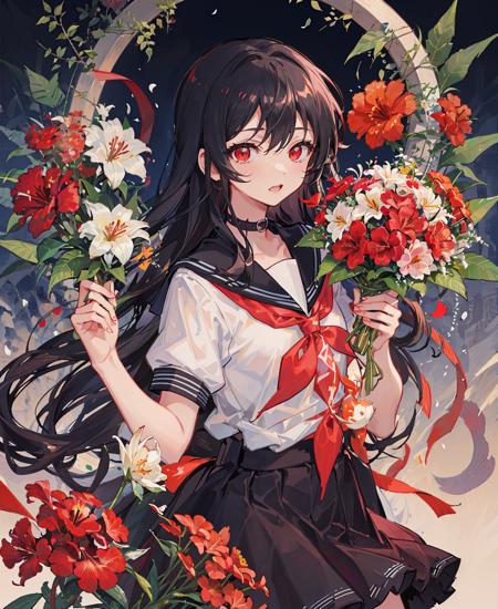 flower, red_flower, spider_lily, camellia, 1girl, hibiscus, red_rose, solo, long_hair, red_eyes, bouquet, lily_\(flower\), black_hair, looking_at_viewer, red_ribbon, serafuku, orange_flower, tulip, black_sailor_collar, bangs, school_uniform