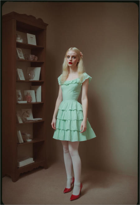 The scene is a dark academia library, bookshelf, indoors. A skinny egirlmakeup 4ng3l face woman stands alone and glowing. The scene is captured on Polaroid and Hasselblad 120mm medium format film, giving it a dreamy, nostalgic quality. The woman, who appears to be around 21 years old, is petite with long legs and porcelain skin. She is dressed in a random outfit and tall high-heel shoes. Her clothes are frilly and feminine, and her long blonde hair cascades down her back in loose waves. Her lips are painted a glossy red, and her eyes are framed by realistic dark mascara. Worried expression. Seafoam-green and pastel-pink colored smoke,  <lora:detailed_hands-000007:0.8>