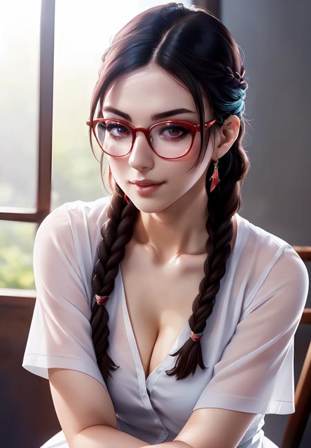 (Photo:1.3), highdetail, <lora:julia_chang:0.8>, julia_chang, 1girl, solo, sitting, smirk, glasses, white shirt, braid over shoulder, Dark red, gray, and black colors, vibrant colors, (summer, sunny weather:1.3), medium intensity lighting, (Soft focus:1.3), (acclaimed, alluring, captivating, exciting, gorgeous, striking:1.3), (ultra realistic, sharp focus:1.3)