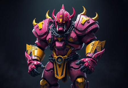 Hyperdetailed pink & yellow Garbage Ogre robot, red helmet, black chains, World Legacy in Shadow backdrop. Confident stance. Matte painting, splash ink illustration, octane render, Unreal Engine 5, Raphael style, Houdini style, dynamic action pose, grammer effect, captivating lighting, isometric, trending on Artstation, CGSociety, 16K, golden ratio.
