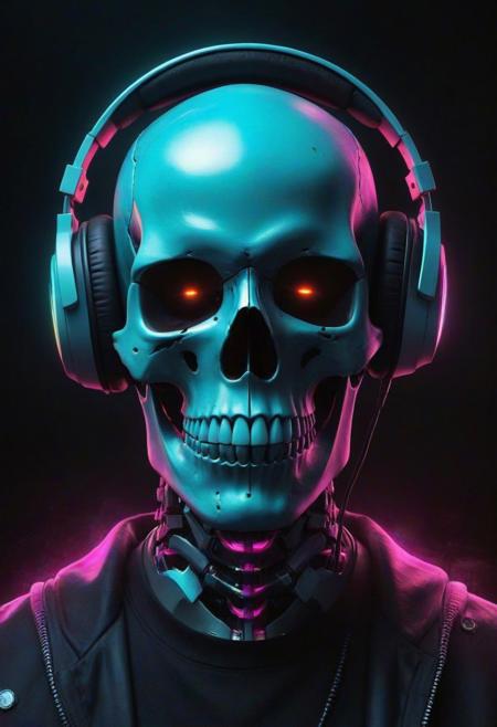 A cybernetic marvel unfolds: A skull adorned with headphones emerges in front of a dark background, creating a ghostpunk aesthetic in this epic digital art piece. This professional and captivating portrait captures the essence of a DJ in the cyber realm, radiating a synthwave vibe. The combination of a death skull and fantasy elements results in a beautiful digital artwork that stands out as the best on ArtStation. This smooth and detailed creation, portraying a night-time raid, exemplifies great digital artistry. With its blend of scary yet colorful elements, this trending digital art piece epitomizes the portrait of a cyber skeleton in a mesmerizing and haunting manner.