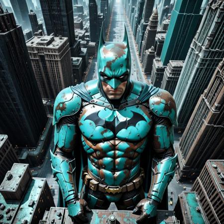 lazympos, depth of field, hyperrealistic, masterpiece, Intricate Design, patina metal skin, pms style,
batman pms style, gothic city, skyscrapers, view from above