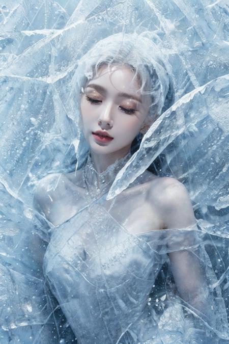 (Masterpiece, high quality, best quality, official art, beauty and aesthetics:1.2),ice and water,(ice:1.4),ice cone,ice circle,1girl,solo,Ice wraps around the girl (lingering:1.2),(white chinese clothes:0.8),space,((extremely detailed ink background)),((flat color)),{{ink splashing}},frost nova,ice ring,a bit like circular magic,facing camera,<lora:ice cake_20231126200433-000018:0.7>,extremely detailed 8K wallpaper,(an extremely delicate and beautiful),intricate detail,exquisite eyes,<lora:lolita_æ´ä¸½å¡ è£å­_æ¬¾å¼1:0.3:lbw=1,1,0,0,0,1,1,1,1,1,1,1,1,1,1,1,1>,sky,ice bound,ice cake,closed eyes,ice cracks,