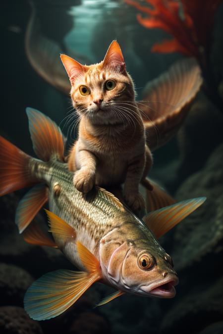 a portrait a hqcat <lora:hqcat1.0:3>, riding on fish <lora:riding_a:0.5>, <lora:to8contrast-1-5:0.5>  <lora:add_detail:1>