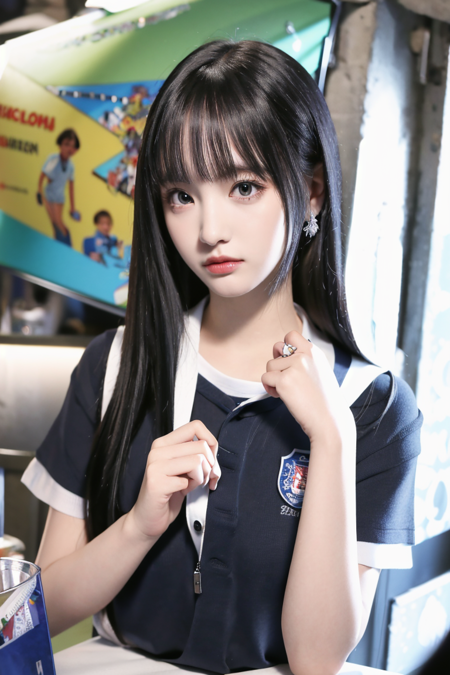 ((masterpiece)), (best quality), photorealistic, best quality, 1 girl, shirt, looking at viewer, Face details:1.4, ((t-shirt)), school uniform, school background:1.4, school Girl, upper body <lora:Liz-01:1>