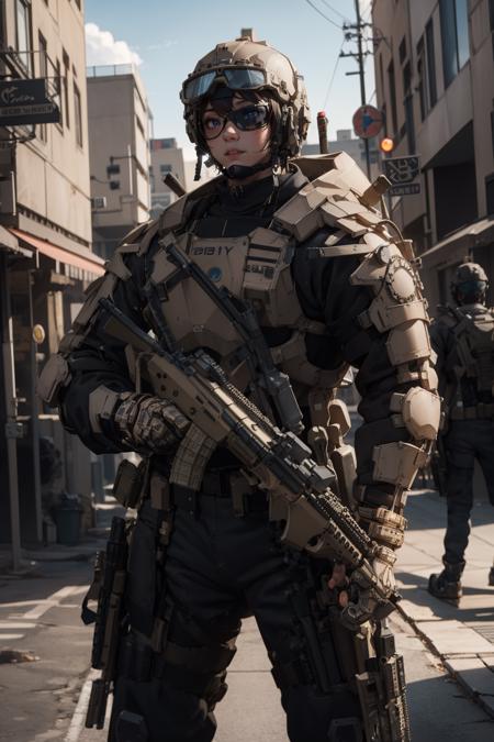 ruanyi0300,armor,assault rifle,belt,gloves,goggles,holding weapon,m4 carbine,mecha,robot,holding gun,