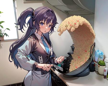 (best quality, masterpiece), ricewave, yuuka, default, (1girl, solo,cooking, standing , looking at viewer, closed mouth, upper body), (kitchen, holding wok, Spatula) <lora:fried-05:1> <lora:yuukaDefault:1>