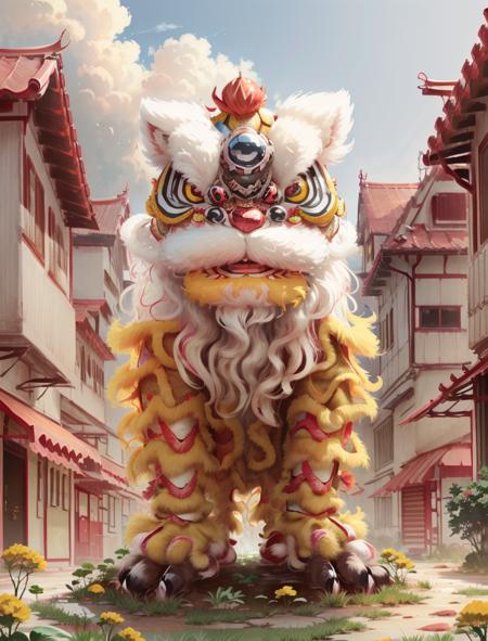 xingshi, lion costume, extra detailed, 8k, 4 legs,  outdoors, beautiful sky,  close up, high resolution,  <lora:xingshi-v1:1>, (Anime Scene, Toonshading, Satoshi Kon, Ken Sugimori, Hiromu Arakawa:1.2), (Anime Style, Manga Style:1.3), Low detail, sketch, concept art, line art, webtoon, manhua, hand drawn, defined lines, simple shades, minimalistic, High contrast, Linear compositions, Scalable artwork, Digital art, High Contrast Shadows, glow effects, humorous illustration, big depth of field, Masterpiece, colors, concept art, trending on artstation, Vivid colors, dramatic