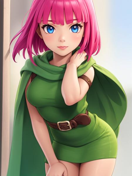 archercr, 1girl, solo, pink hair, short hair, blunt bangs, blue eyes, cape, dress, sleeveless, belt, armlet, quiver, barefoot, bow (weapon), holding