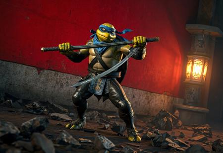 A warrior turtle character with blue bandana and gilded mask, wielding twin katanas in a dynamic action pose, standing on shattered urban debris against a dramatic crimson wall. A glowing lantern on the right casts captivating shadows. Hyperrealistic detail, cinematic lighting, octane render, Unreal Engine 5, trending on Artstation, CGSociety, Raphael style, Splash ink illustration, matte painting, impeccable composition, dynamic angle, 4k.