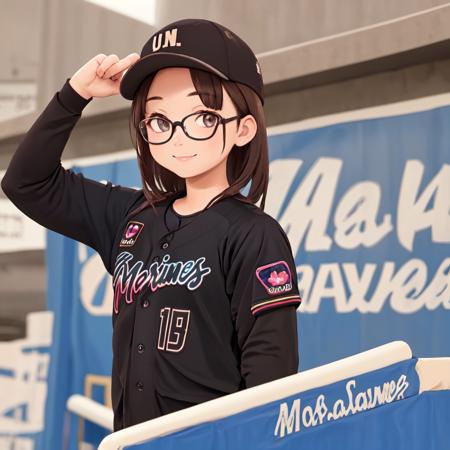 best quality, ultra-detailed, illustration,
BSW2023, baseball uniform, black shirt, 1girl, glasses, solo,  baseball cap, looking at viewer, smile, upper body, long sleeves, black headwear, black hair, facial hair, gradient, baseball stadium, 
 <lora:Chiba_Lotte_Marines_BSW2023_Uniform_SD15_V1:1>