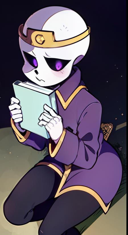 nightmare!sans, skeleton, dark purple jacket, black pants, dark purple boots, lavender pupils, golden moon crown, golden belt has NM sign, standing still, solo, cartoon, cartoon eyes, simple background, crawl into ball, from above, holding book, confused, sitting on grass