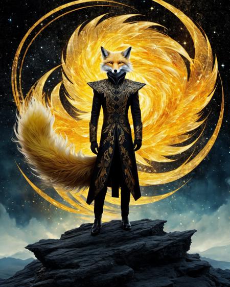 romantic style Digital art,full body shot,  by style IrinaKapi, Scott Bergey, Schim Schimmel, Tim Burton, Trey Ratcliff, Klaus Herrmann, Serge Ramelli, Carne Griffiths, Wayne Barlowe,  yellow-black image a nine-tailed fox man in human form, ART deco, beauty, incredible, nebula,ultra-detailed composition, semantic connections, curls, patterns, fire, floating objects, incredible landscape, unearthly view, starlight, sharp focus, abstraction, magic, emotional, dramatic, nature-focused, extremely detailed, detailed texture,  realism pushed to extreme, fine texture, detailed texture:1.5, incredibly life like, <lora:add-detail-xl:2>