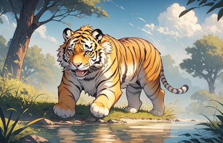 tiger,grass,water,tree,