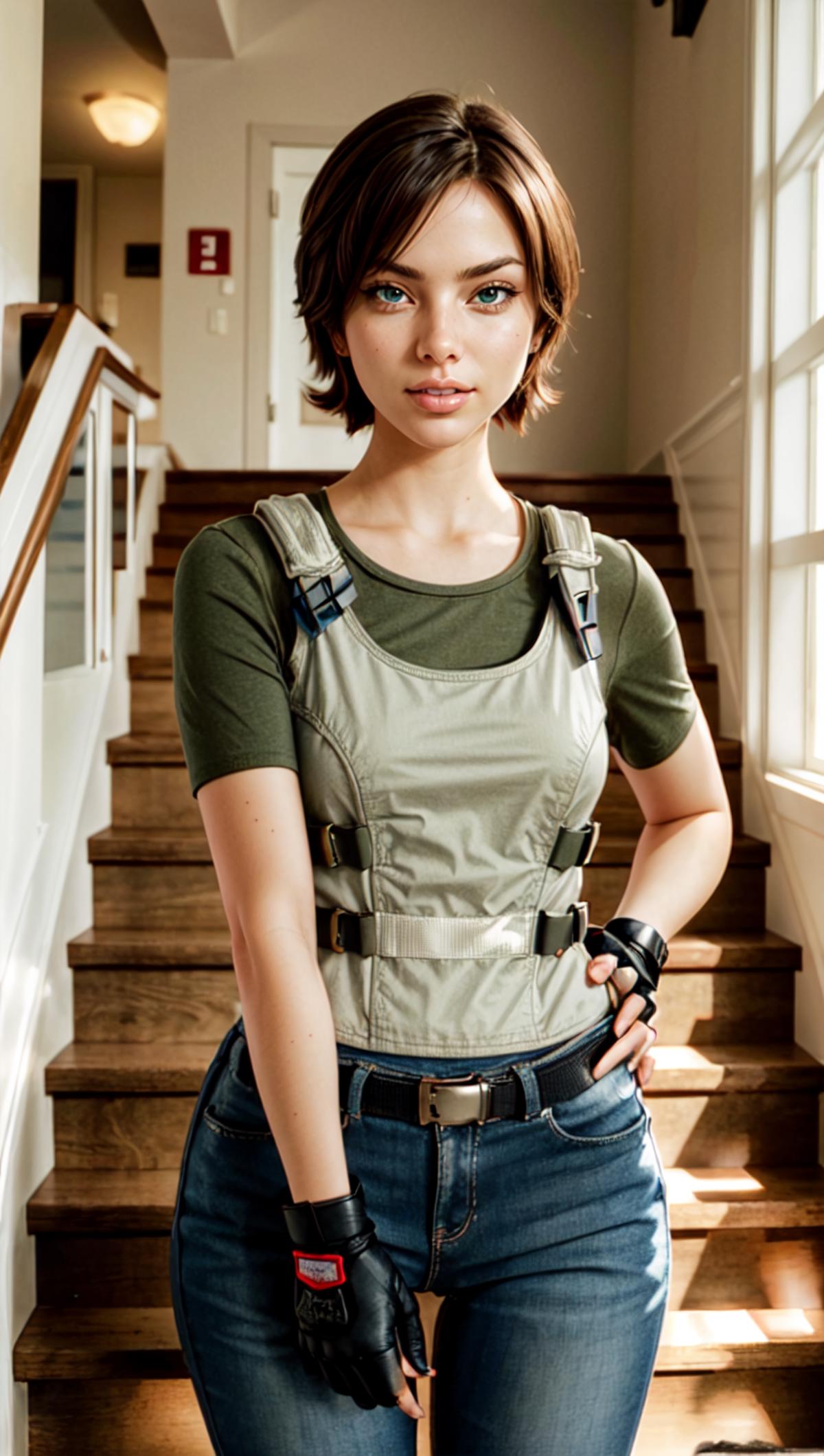 A young woman wearing a green shirt and vest is posing for the camera.