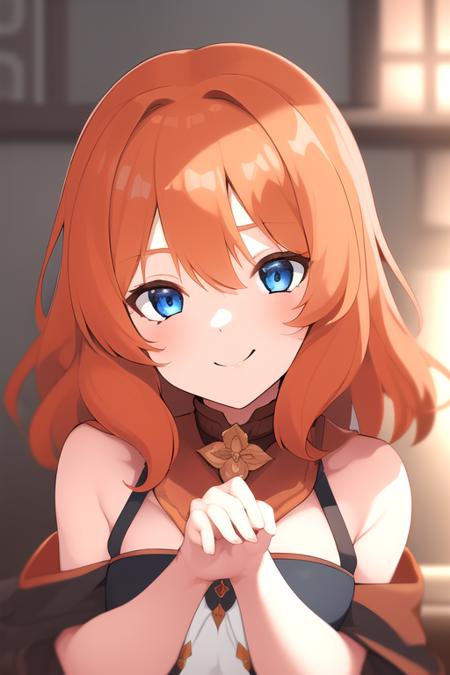 orange hair,medium hair,bangs, blue eyes,hair between eyes