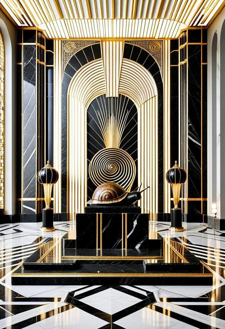 A majestic Art Deco interior featuring a monumental marble sculpture of a snail on a black marble pedestal. The snail is intricately detailed with sharp, clean golden lines forming a dense geometric grid on its body and bold concentric arcs on the shell. The background wall features a dramatic sunburst pattern in gold over dark blue marble, evoking the grandeur of a 1930s train station lobby. The atmosphere radiates opulent futurism, blending natural elegance with mechanical symbolism. Strong contrast between cold grayish marble and luminous gilded accents, perfect symmetry and theatrical lighting, The background is cool-toned gray marble, with radiant sunburst lines behind the figure. Every surface shimmers with polished metal and black stone, exuding futuristic optimism as envisioned in the opulent age of the Roaring 20s. The darkest blacks contrast with the most brilliant gold, surrounded by geometric architecture, mechanical motifs, and heroic grandeur. Elegant lighting enhances the drama. Inspired by heroic propaganda murals and luxurious train stations.