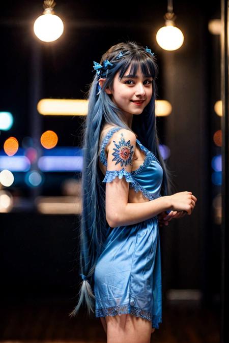 cute girl, 18 years old, (perfect face), (blue eyes:1.1), nightclub, (hair ornament:1.2), (long blue hair:1.2), (lace nightdress), (dynamic pose:1.4), (happy look:1.2), (tattoo:1.1),stockings, high heels, dancing, BREAK. shallow depth of field,bokeh,soft lighting,((high quality)),film grain,Fujifilm XT3,4k,uhd,RAW photo,masterpiece,photorealistic,((ultra-detailed)),  <lora:Body Type_alpha1.0_rank4_noxattn_last:2>, <lora:Breast Slider - Pony_alpha1.0_rank4_noxattn_last:2>, <lora:age_slider-LECO-v1:-3>, <lora:zoom_slider_v1:-1>,