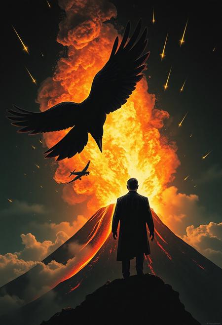 vintage movie poster with black SKY very clean colours, meteors falling from sky, and a black raven flying with wings  like thunders coming out from a volcano erupting ,wind seems like flames, behind a very clear silhouette of man from mexico looking to the raven in sky, a plane hit by a storm flying in the distance. extremely intricate, stylized and classy concept art, a professional photograph. Detailed Textures, high quality, high resolution, high Accuracy, realism, color correction, Proper lighting settings, experimental art composition
Text "Rey Trueno",