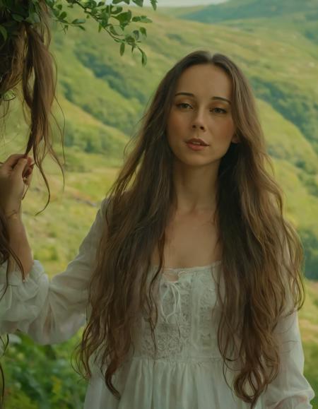 In this evocative scene, a stunning young woman with long cascading locks, her radiant beauty accentuated by a tasteful outfit, stands alone against the backdrop of a natural setting, gracefully posing for an artist's realistic interpretation that captures her essence in vivid detail. wlalley <lora:uokpjo18e9f6f90dcj293:1>