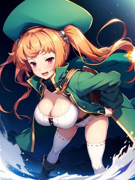 masterpiece,best quality,highres,cinematic lighting,dramatic angle,<lora:Kuroinu2MelV2-000024:0.8>,1girl,red eyes,orange hair,twintails,hat,turtleneck,green coat,white tank top,huge breasts,thick thighs,maebari,bandaid on pussy,white thighhighs,boots,looking at viewer,hand on own cheek,taunt,ridicule,sneer,(:d:0.86),(half-closed eyes:0.68),dwarf,hands on own hips,backpack,package,close-up,portrait,depth of field,bent over,cleavage,belt,suqatting,floating hearts,fangs