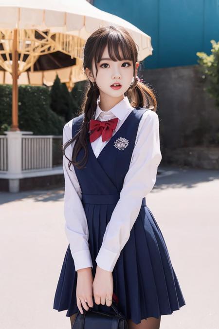 photorealistic, realistic, solo, photorealistic, best quality, ultra high res,1girl, school uniform, JK uniform, vest skirt, outdoor, amusement park, colorful, parted lips, [long hair], ponytail, amusement park rides and attractions in background, night time setting, beautiful, masterpiece, best quality, extremely detailed face, perfect lighting, ultra high res, ultra detailed, JKvskt,  <lora:JKvestskirtLora_v2:0.8>