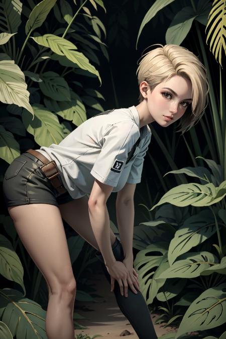 ((ultra detailed, masterpiece, best quality))
 <lora:MEACora:0.8>
MEACora, 1girl, solo, short hair, blonde hair, brown eyes, Amidst a dense rainforest with exotic flowers, leaning forward with hands on knees