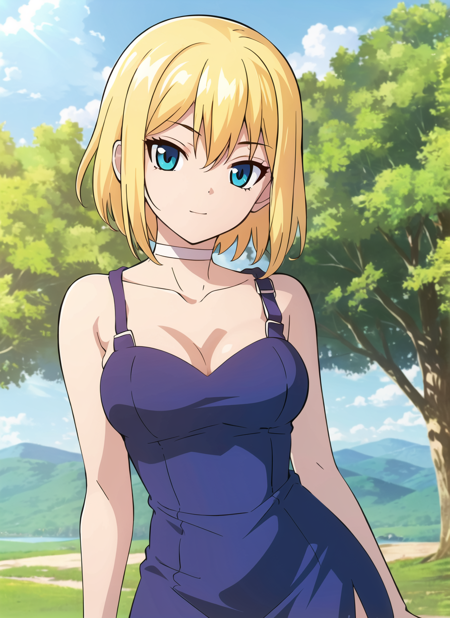 boichi anime style,  1girl, arm behind head, arm up, armpits, blonde hair, blue dress, blue eyes, breasts, choker, cleavage, contrapposto, dress, upper body, looking at viewer, medium breasts, solo, thighs, outdoors, white choker, ((masterpiece)) <lora:boichi_anime_style_offset:1>