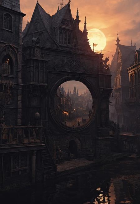 the city of Yharnam, the city of Yharnam is inside the small mirror, The small mirror is centered, bloodborne, The mirror is small, The mirror borders are plain, twilight, Don't be real, oil painting, done with japanese brush technique, realistic, extreme detail, scary, terrifying, dark and warm environment, 8k, looking at viewer, looming, Comic style
<lora:add-detail-xl:1> <lora:xl_more_art-full_v1:0.5>  <lora:looking_at_viewer:2>