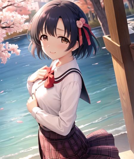 4k,ultra-detailed eyes, ultra-detailed, extremely detailed CG, masterpiece, best quality,extremely detailed CG, (post processing:1.4), (extremety fine and beautiful:1.4),shiragiku hotaru,  background, standing, tree, looking_at_viewer, anime girl, cute girl, (full body), 1girl, bangs, black_hair, blush, brown_eyes, looking_at_viewer, ribbon, short_hair, solo, smile, cherry blossoms, spring, sakura, outdoors, serafuku, skirt, pleated skirt, breasts, medium breasts, nsfw, wind, sakura petals, sky, cloud,  petals,
detailed(hair, beautiful finely eyes, skin, cloth texture),CGI art, <lora:shiragiku hotaru2-000004:1>