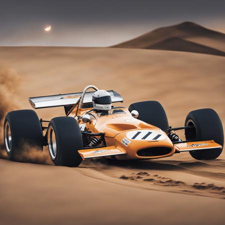 photo of a mclaren riding a dune on mars, sand dust, interstellar overdrived, night sky, (photorealistic:1.2), cinematic lighting, detailed, 4k, 8k, dslr, 50mm, Hasselblad X2D