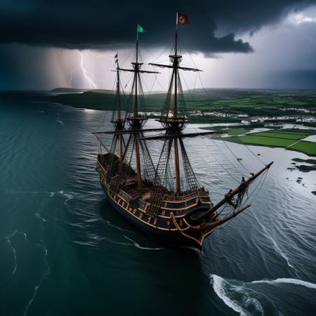 cinematic still Aerial view of a weathered 16th-century pirate ship stranded on a flooded coast in Ireland. Dark storm clouds loom overhead, with lightning illuminating a backdrop of sail-like buildings and hapless Phinisi ships, creating a dramatic, surreal scene. Rainfall and swirling ripples add to the chaotic atmosphere . emotional, harmonious, vignette, 4k epic detailed, shot on kodak, 35mm photo, sharp focus, high budget, cinemascope, moody, epic, gorgeous, film grain, grainy, Aerial view of a weathered 16th-century pirate ship stranded on a flooded coast in Ireland. Dark storm clouds loom overhead, with lightning illuminating a backdrop of sail-like buildings and hapless Phinisi ships, creating a dramatic, surreal scene. Rainfall and swirling ripples add to the chaotic atmosphere, cinematic, detailed, professional, extremely quality, highly
