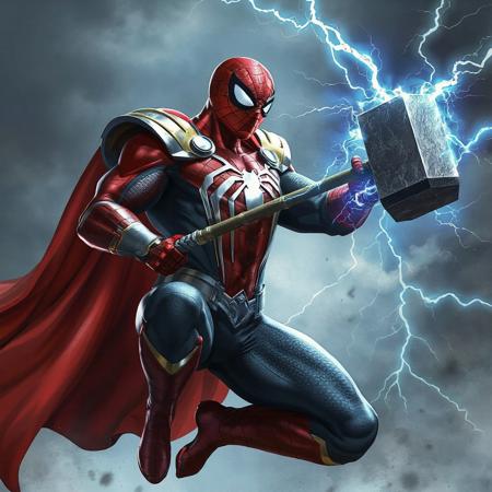 a muscle spiderman with an asgard god armor holding thor hammer with lightings and thunders flying saving people and defeating supervillians