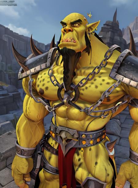 thorn, bald, beard, chain, colored skin, earrings, green skin, loincloth, male focus, muscular, orc, pointy ears, skull, solo, spikes, tusks, yellow eyes