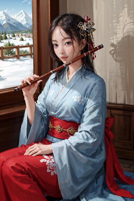 1girl, playing flute, flute,masterpiece, best quality, 8k,  <lora:flute_v1-000015:0.68>, kimono, snow